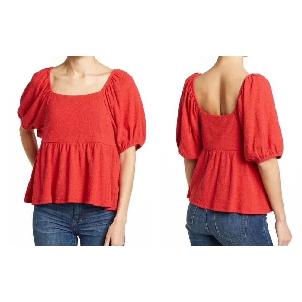 Madewell Red Square Neck Puff Sleeve Peplum Textured Blouse Top Medium Romantic
